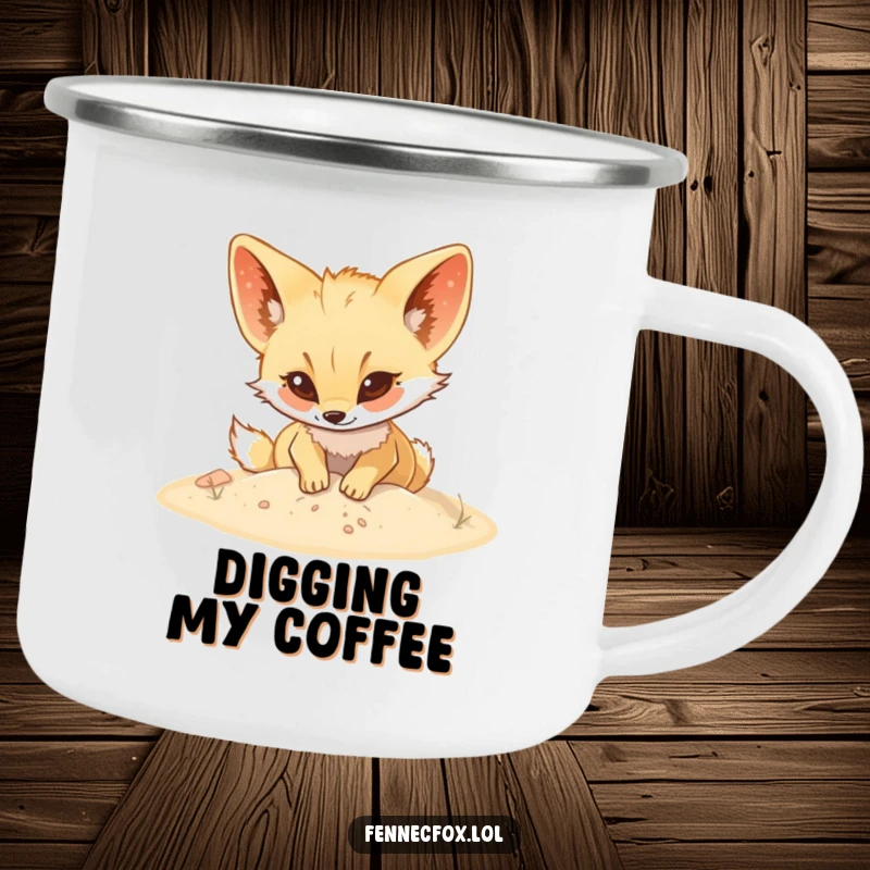 Funny Fennec fox camping mug with a character digging enthusiastically, designed for outdoor enthusiasts who appreciate humor and adventure.