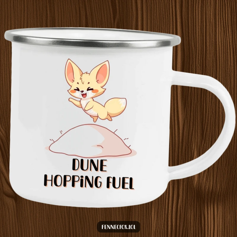 Funny Camping Mug: Cute fennec fox character joyfully leaping over a small sand dune, enamel finish, perfect for outdoor adventures, funny gift.