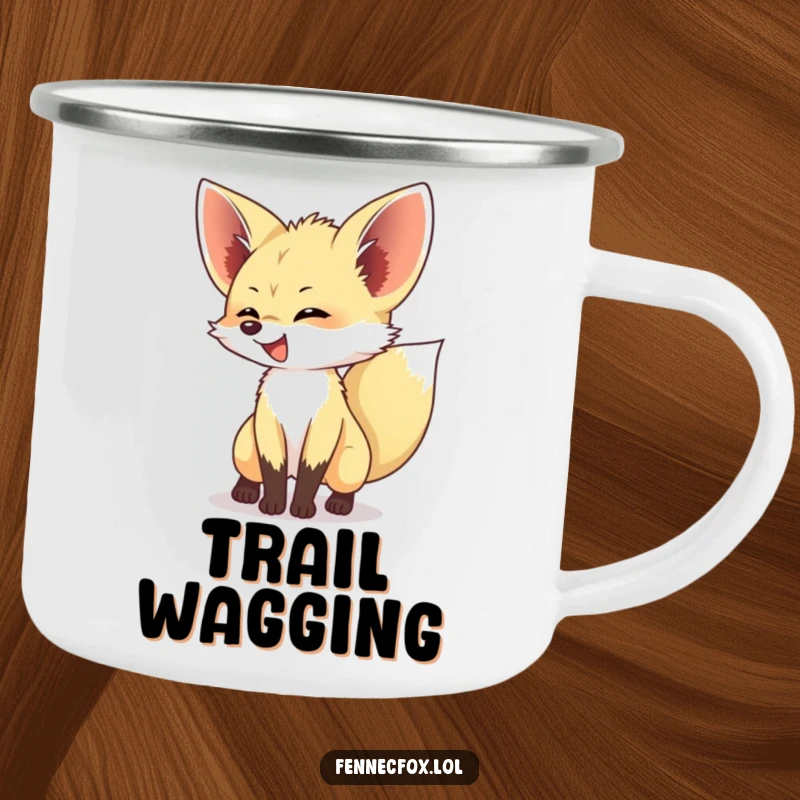 Funny Fennec Fox Camping Mug with a fennec fox joyfully wagging its bushy tail, inspiring fun on every outdoor trip.