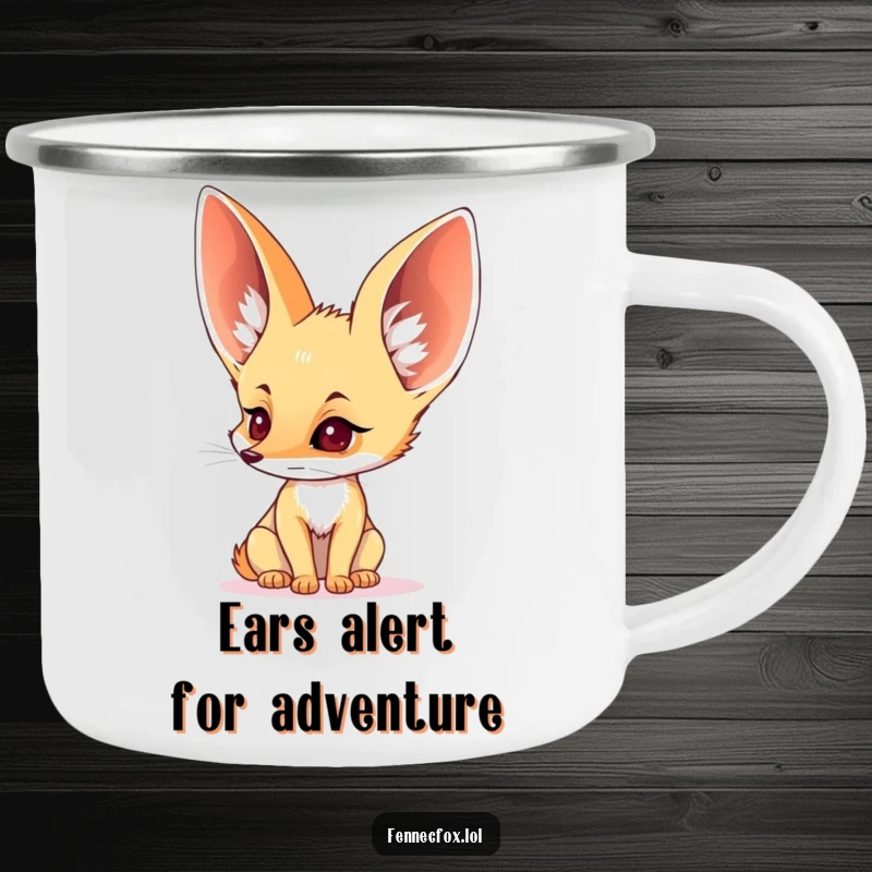 Funny, durable camping mug with a fennec fox’s enormous ears perked, listening in the wild.