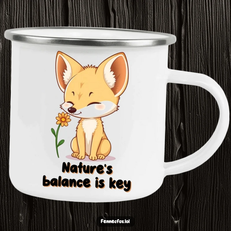 Funny Fennec Fox camping mug with a cute fox balancing a small desert flower on its nose, perfect for outdoor enjoyment.