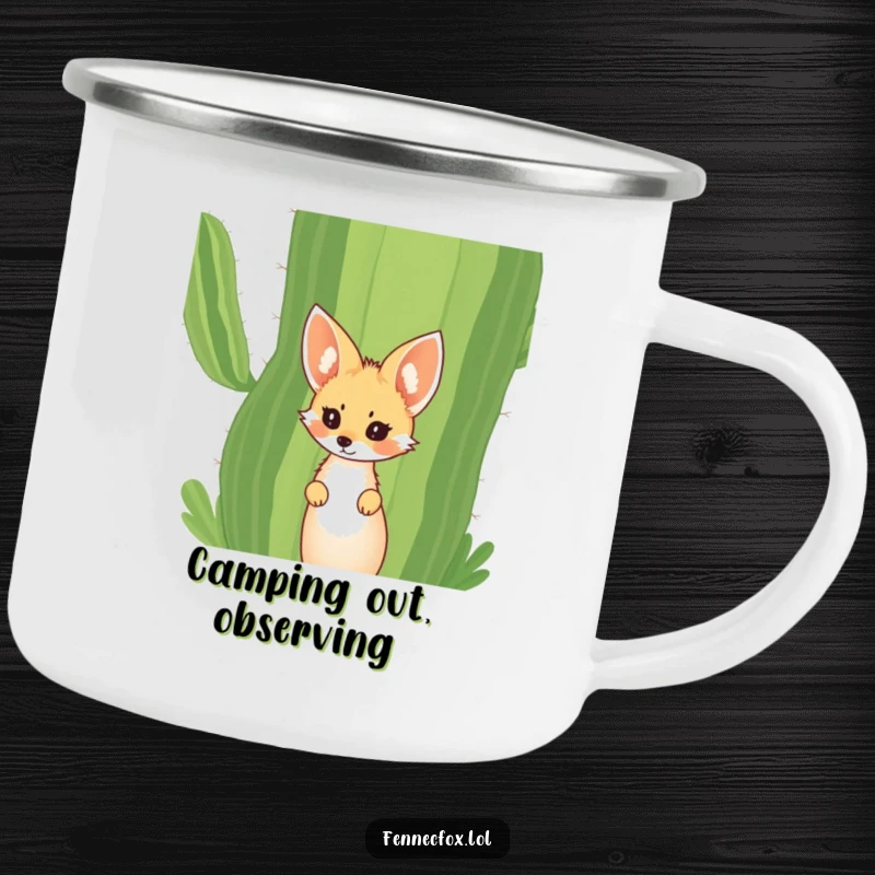 Funny Fennec Fox Camping Mug showing a curious fox with big ears peeking from behind a giant desert cactus. Durable and humorous.
