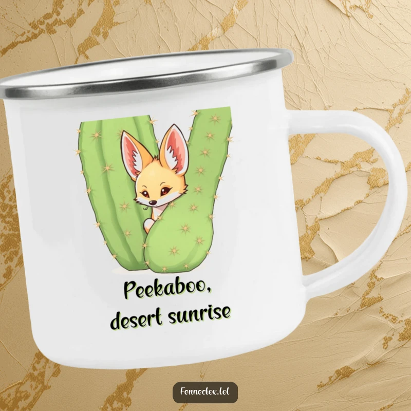 Funny fennec fox peeking from behind a spiky cactus on a camping mug, desert outdoor humor.