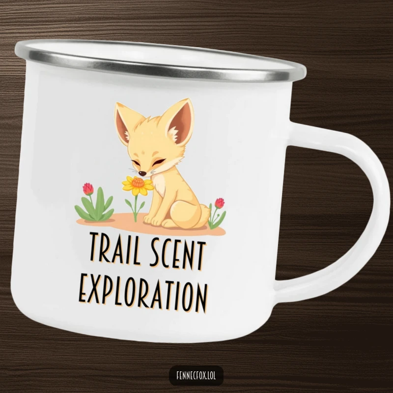 Funny Fennec Fox Camp Mug: A sturdy enamel mug with a fennec fox sniffing a tiny desert flower, designed for rugged use and cheerful mornings.