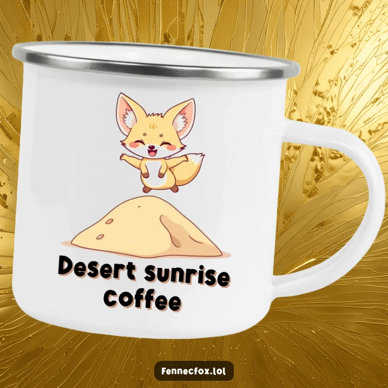 Funny camping mug depicting a fennec fox leaping over a sand dune, perfect for outdoor enthusiasts.