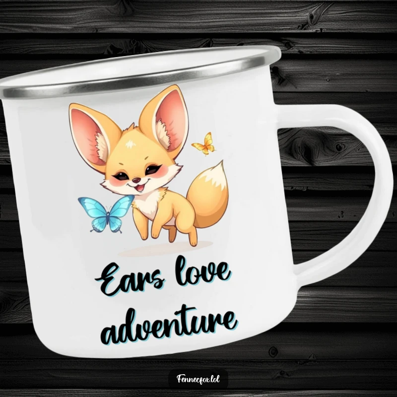 Funny kawaii fennec fox with large ears joyfully chasing a shimmering butterfly, on a sturdy camping mug. A humorous and practical outdoor item.