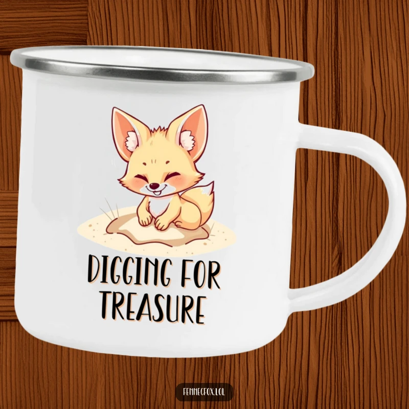 Funny Camping Mug featuring a fennec fox grinning while digging in the sand, perfect for outdoor enjoyment with a playful theme.
