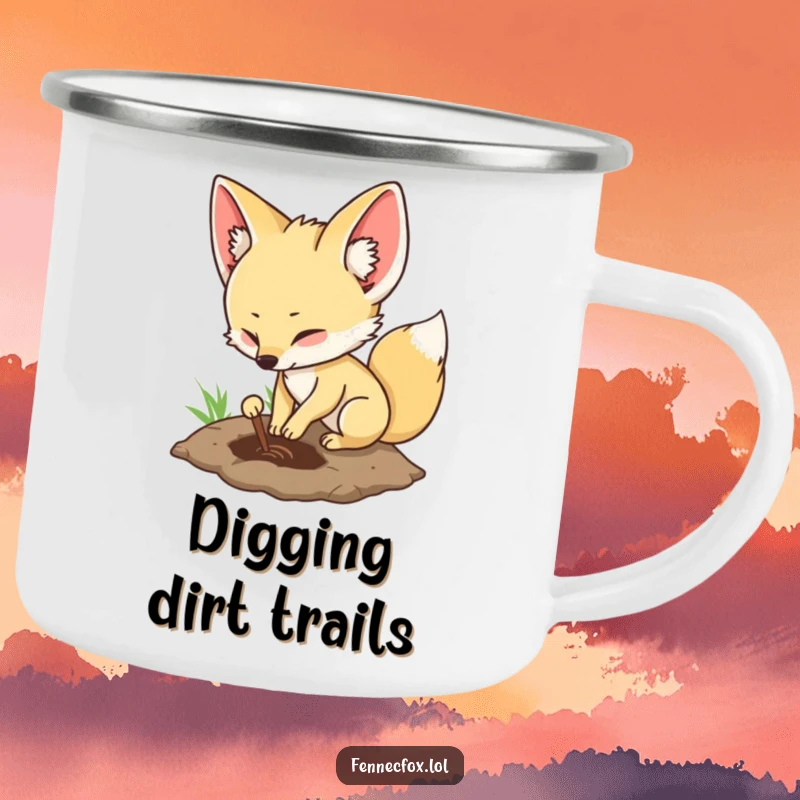 Funny fennec fox camping mug featuring a character digging, ready for outdoor activities and warm beverages.