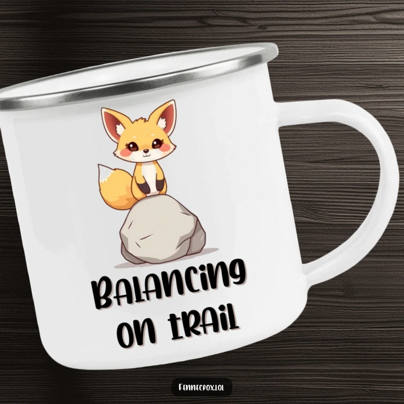 Funny fennec fox camping mug, character balancing a smooth rock on its head, large ears attentive, perfect for contemplative outdoor drinks.