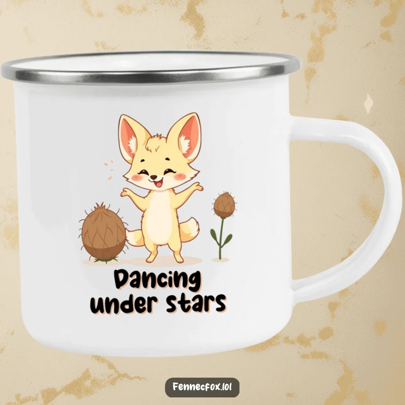 Funny Fennec Fox Camping Mug showing a happy fox with big ears doing a silly dance with a tumbleweed. Durable and humorous.