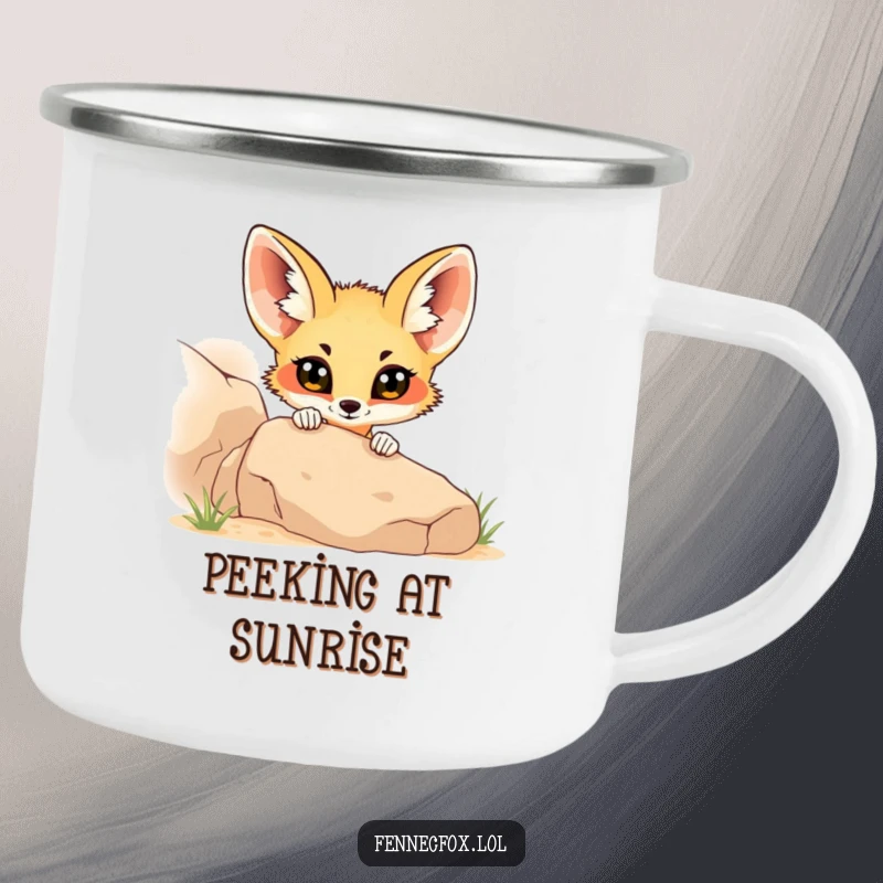 Funny fennec fox peeking from a desert rock on a sturdy camping mug, combining outdoor practicality with curious humor.