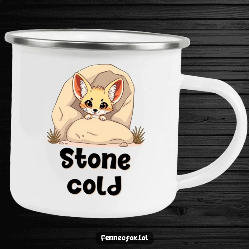 Funny Fennec Fox Camping Mug: A fennec fox humorously peeks from behind a rock, adding a funny and charming touch to outdoor trips.