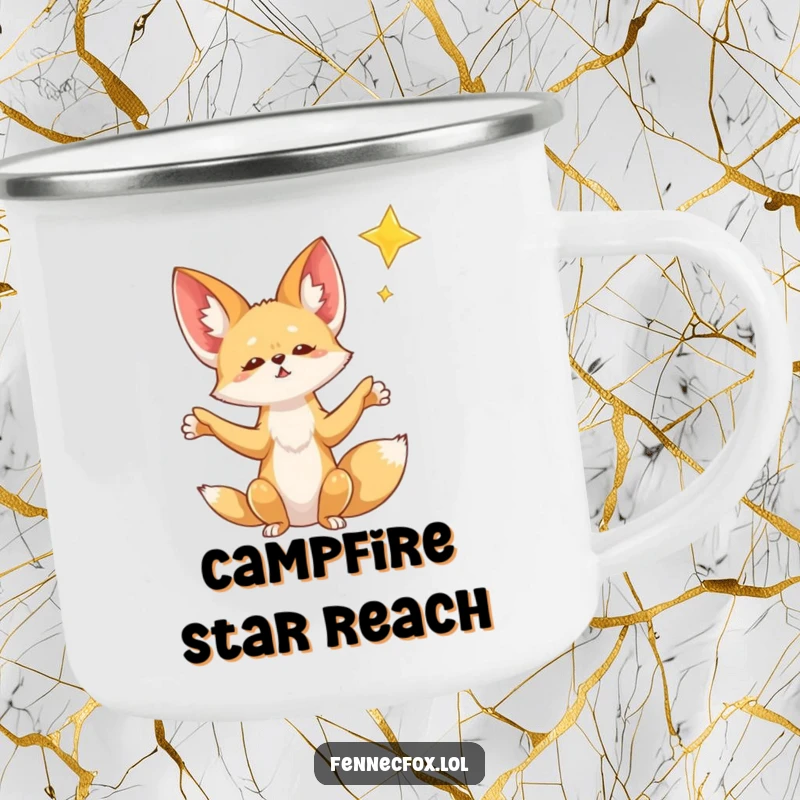 Funny Fennec Fox Camping Mug: A fennec fox with paws outstretched reaches for a falling star, bringing magical humor to your camping trips.