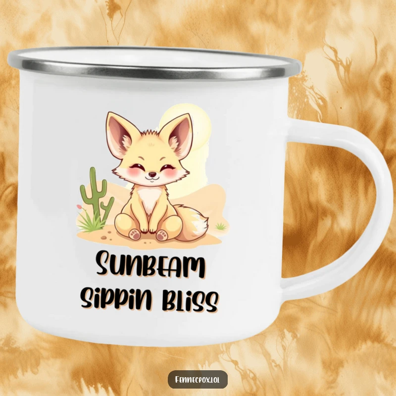 Funny Fennec fox camping mug with a character basking in a sunbeam, designed for outdoor lovers who enjoy comfort and humor.