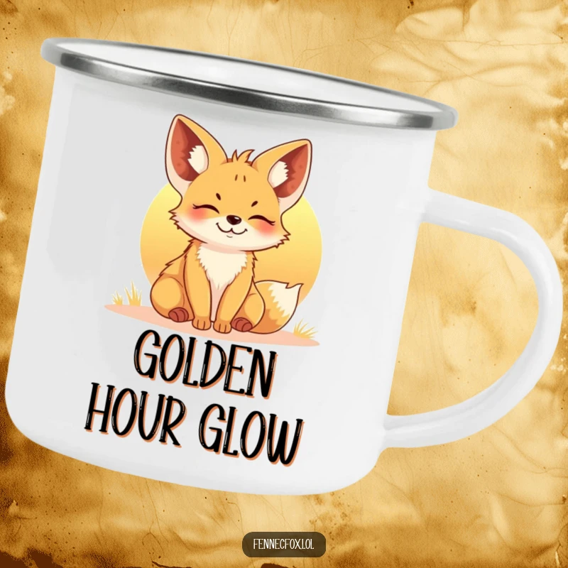 Funny Fennec Fox Camping Mug: A happy fox basking in the warm glow of a setting sun, perfect for outdoor enthusiasts.