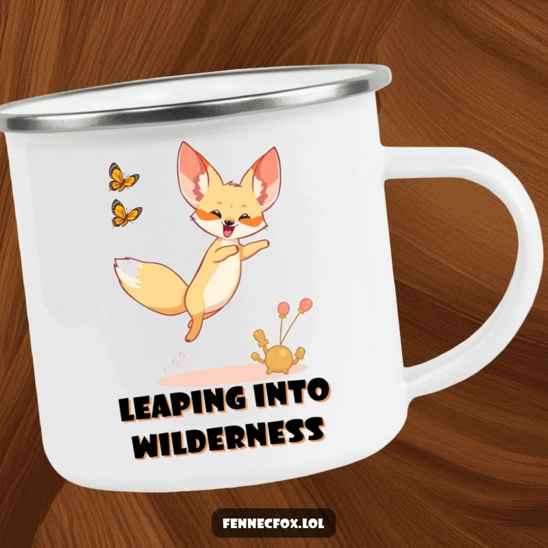 Funny, durable camping mug with a fennec fox joyfully leaping into the air, chasing a butterfly.