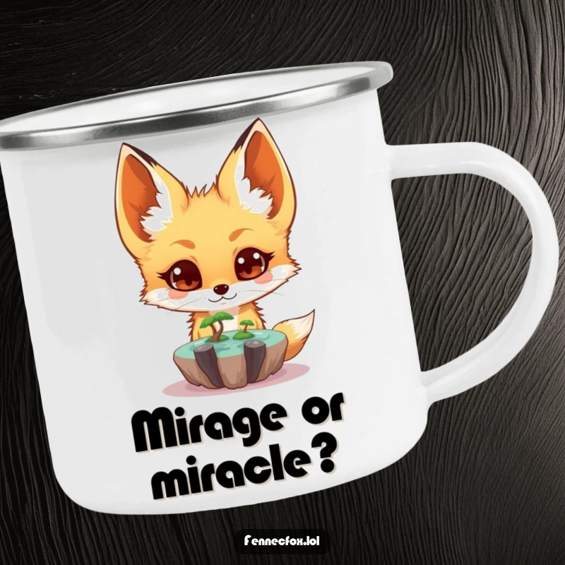 Funny fennec fox camping mug with a surprised character looking at a tiny floating oasis, ideal for outdoor magic moments.