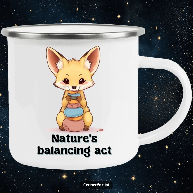 Funny Fennec Fox Camping Mug, a rugged enamel cup showcasing a cute desert fox balancing colorful pebbles on its nose.