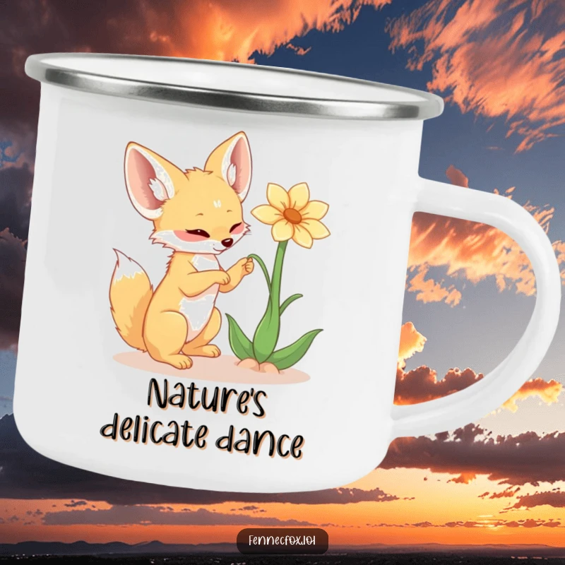 Funny fennec fox camping mug, outdoorsy feel, playfully batting at a floating desert flower, ready for adventure and a good laugh.