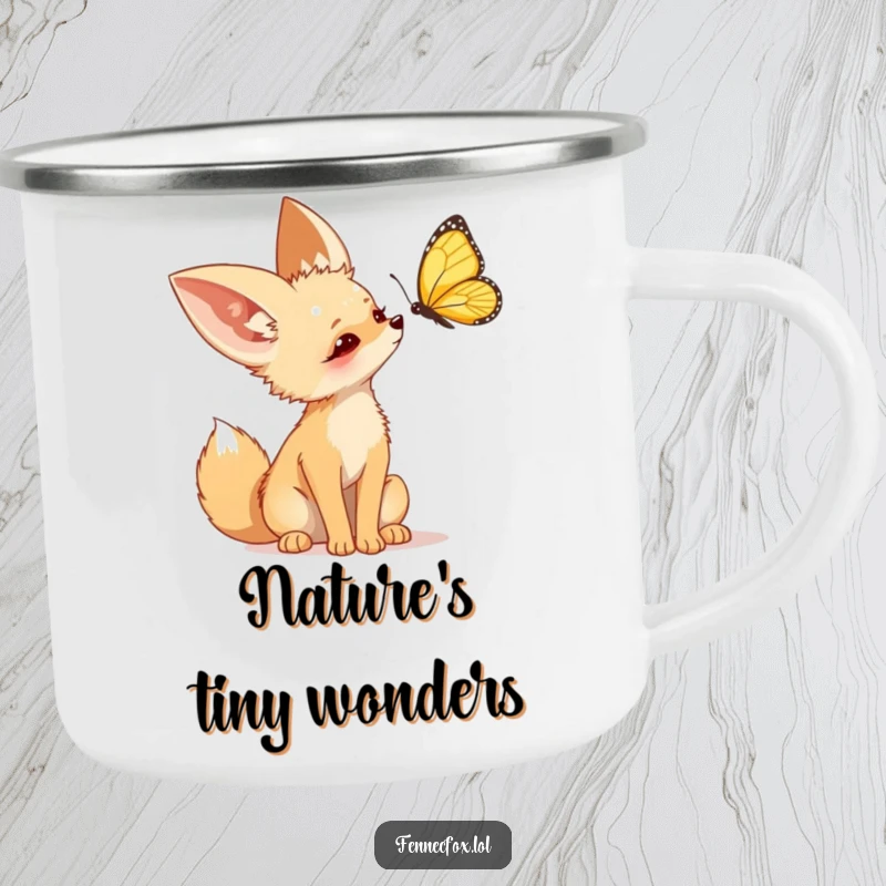 Funny Fennec Fox Camping Mug, a rustic enamel cup with a cute desert fox curiously watching a butterfly.