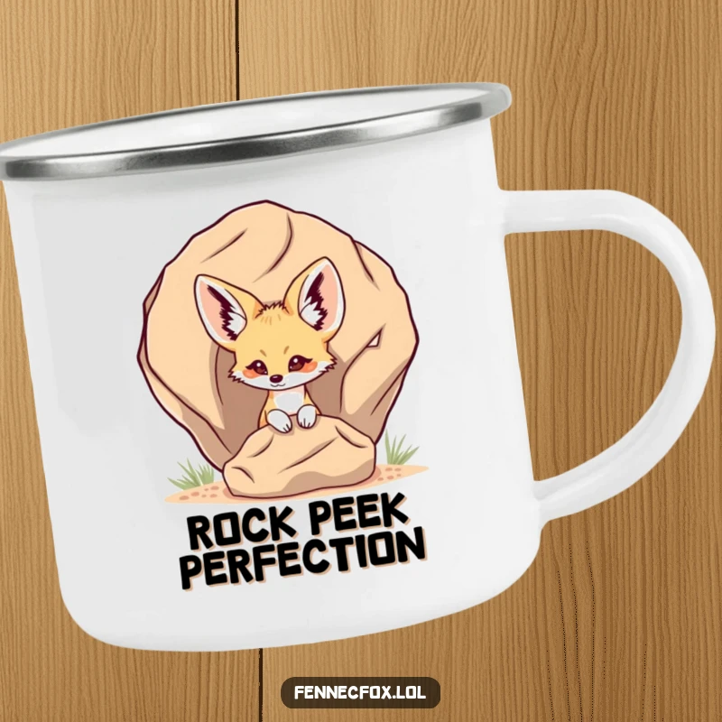 Funny Fennec Fox Camping Mug with a fennec fox peeking from behind a desert rock, adding a touch of playful discovery to outdoor trips.