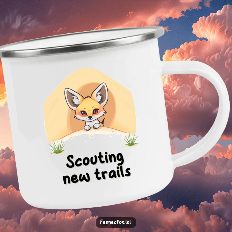 Funny fennec fox camping mug featuring a cartoon desert fox curiously peeking from behind a sand dune, ready for adventure.
