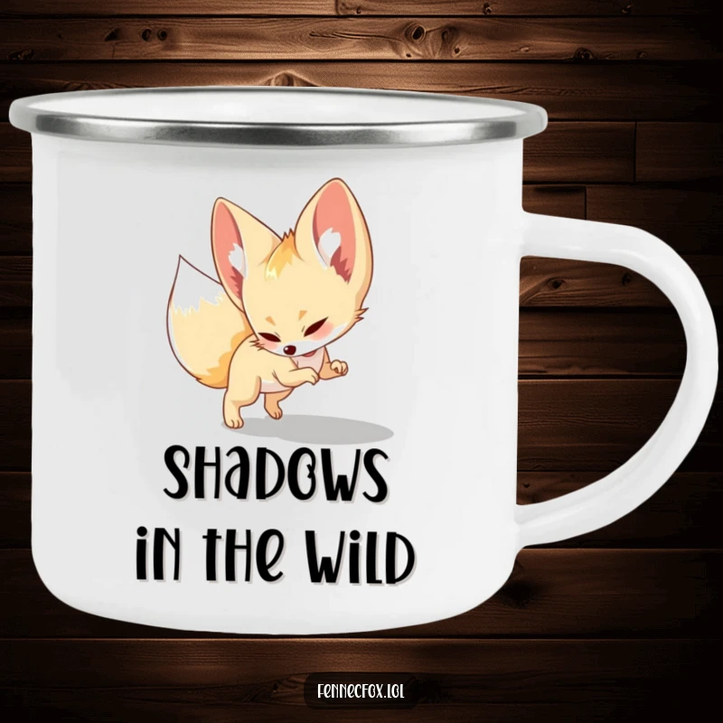 Funny Camping Mug, a fennec fox playfully pouncing on its shadow, perfect for enjoying beverages during outdoor adventures.