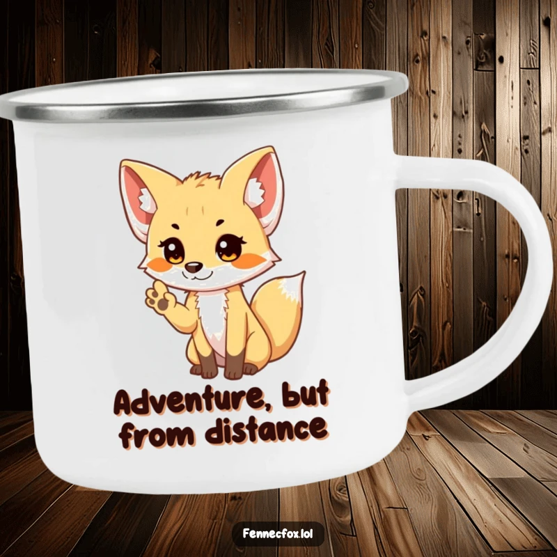 Funny shy Fennec Fox camping mug with a cute fox offering a small wave, perfect for outdoor enjoyment.