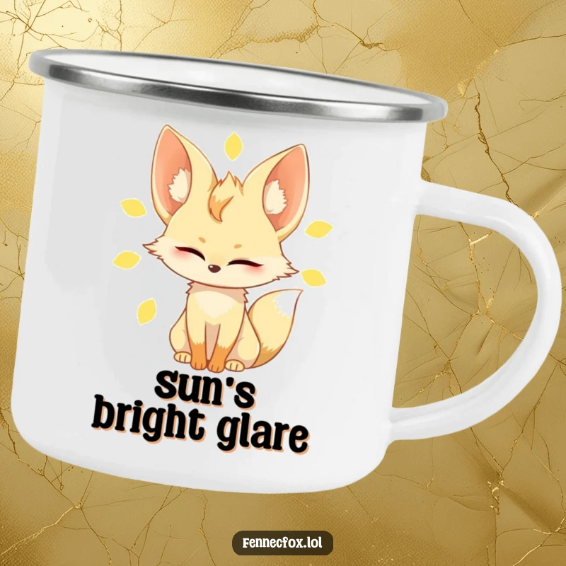 Funny fennec fox camping mug, showing the character slowly blinking in bright sunlight, large ears alert, perfect for outdoor brews.