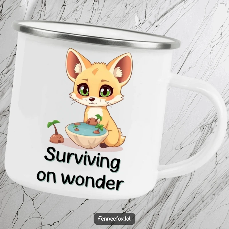 Funny surprised fennec fox with wide eyes observing a tiny, floating oasis on a sturdy camping mug. A humorous and magical outdoor item.