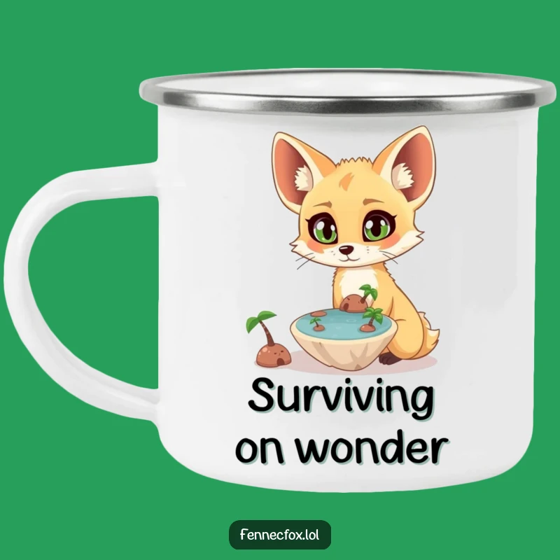 Funny Fennec Fox Camping Mug: Surprised Fox Watching Floating Oasis, Outdoor Fun Gift!