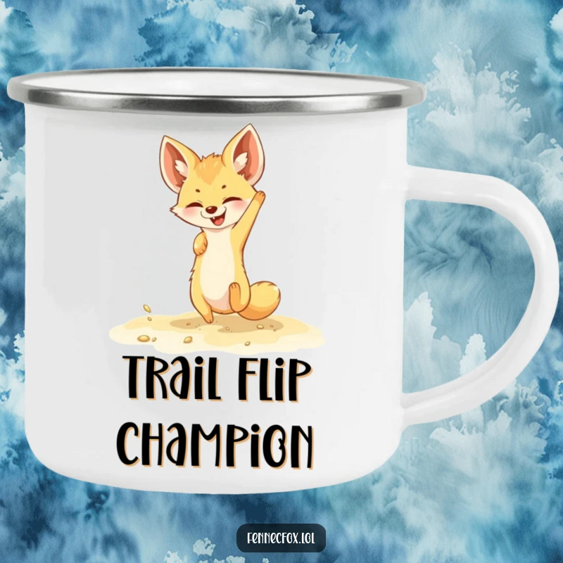 Funny fennec fox camping mug with a playful character doing a somersault in golden sand, ideal for outdoor enthusiasts.