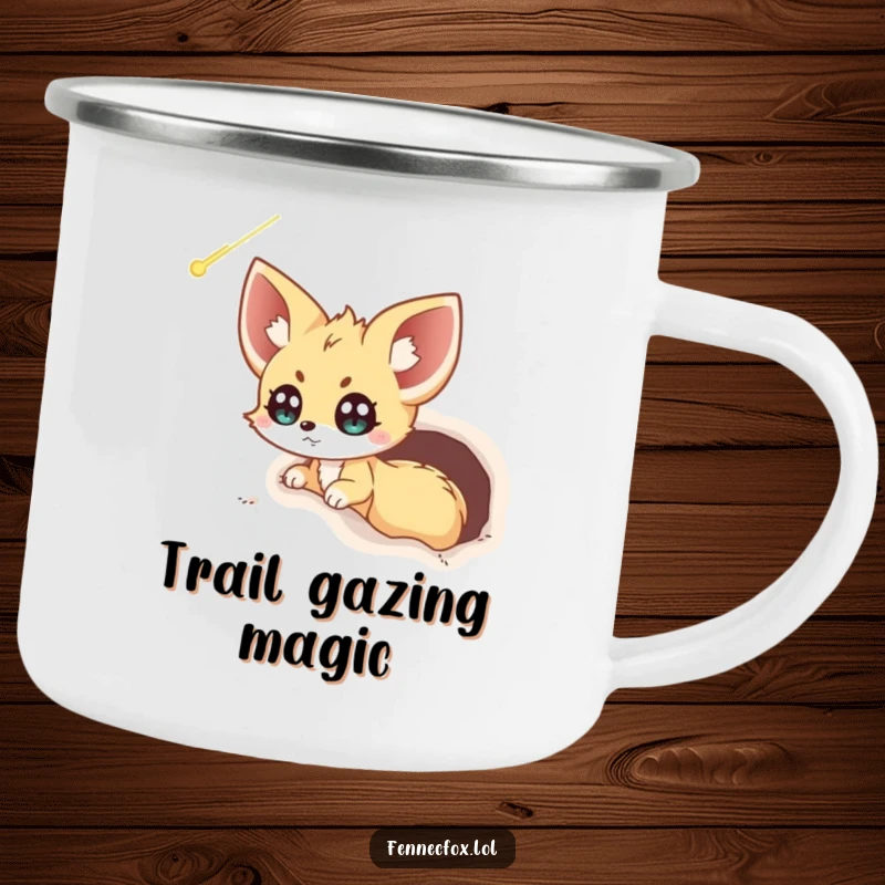 Funny Fennec Fox Camping Mug: An excited fennec fox peeks from its burrow, eyes wide with wonder at a passing celestial comet.