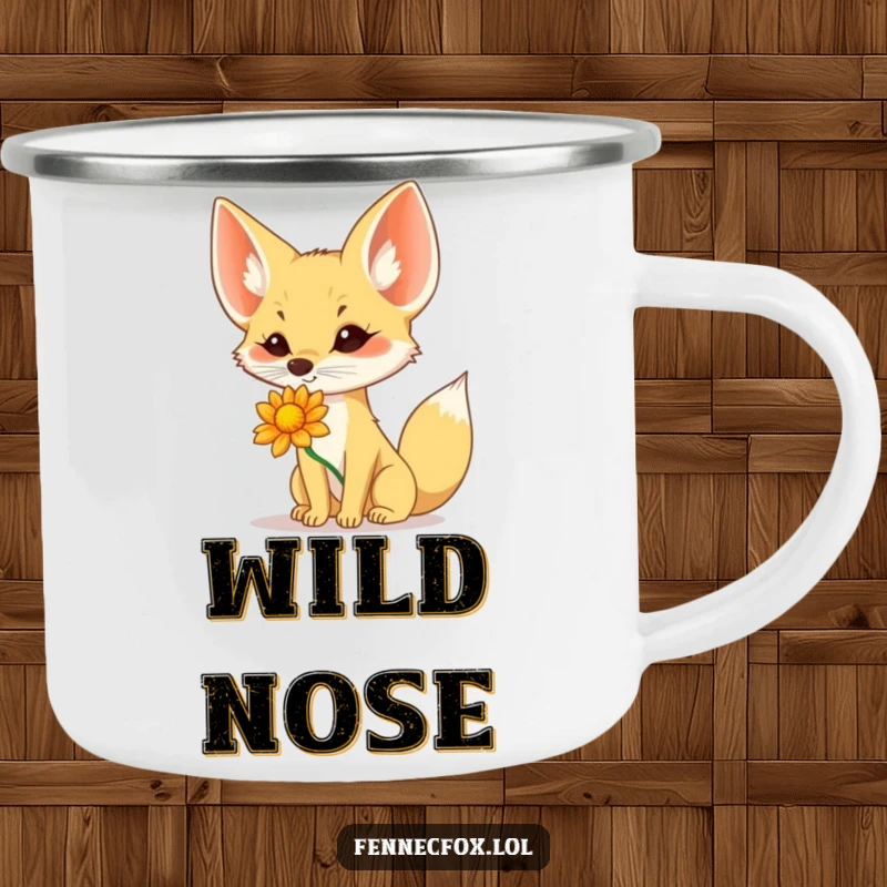 Funny Fennec Fox Camping Mug: A fennec fox balances a flower on its nose, a funny and charming companion for outdoor trips.