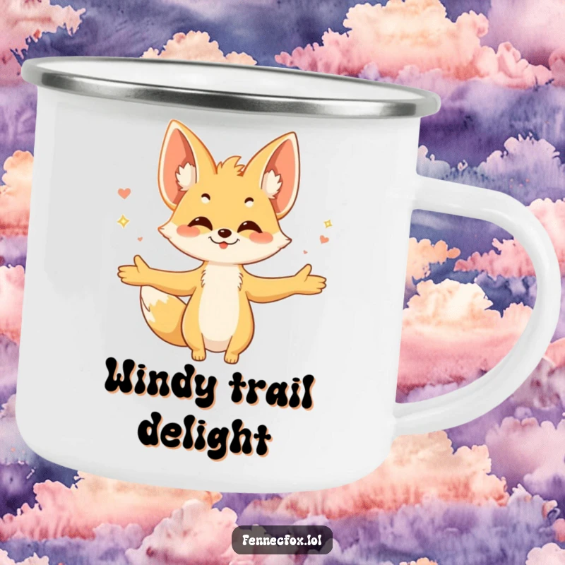 Funny fennec fox camping mug, character with arms wide, embracing a warm breeze, large ears prominent, perfect for outdoor enjoyment.