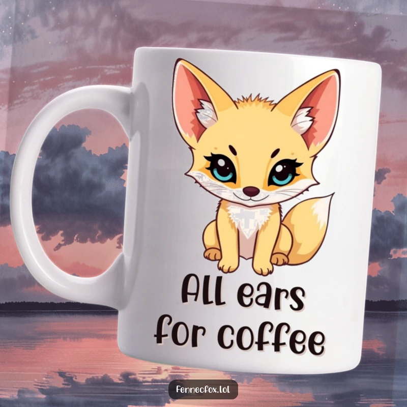 Funny fennec fox mug, with impressively large ears perked high, concentrating intently on something unseen, conveying curiosity and focus.