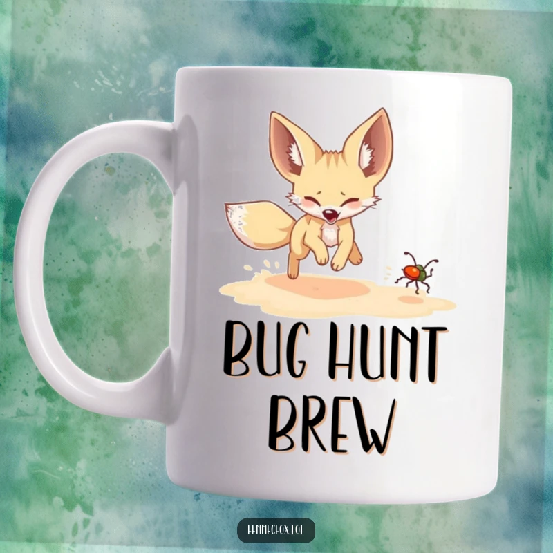 Funny Fennec Fox Mug: A fennec fox joyfully chases a tiny, shimmering beetle across the sand with playful determination.