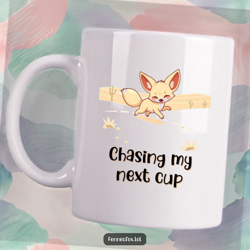Funny Fennec Fox Mug showing a playful fox with huge ears chasing a shimmering desert mirage across sandy dunes.