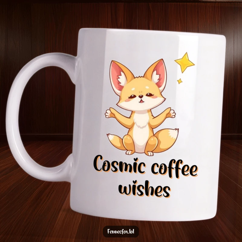 Funny Fennec Fox Mug: A hopeful fennec fox with paws outstretched reaches for a sparkling falling star, embodying magical dreams.
