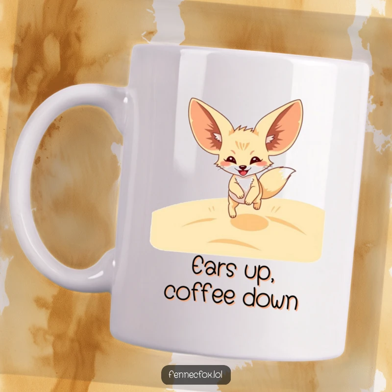 Funny Fennec Fox Mug featuring an oversized-eared fox leaping joyfully across sandy desert dunes, capturing pure happiness.