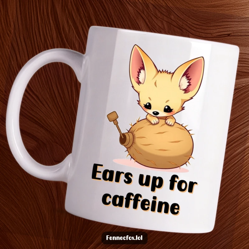 Funny mug of a fennec fox kit with huge ears playfully attacking a rolling tumbleweed in a desert setting.