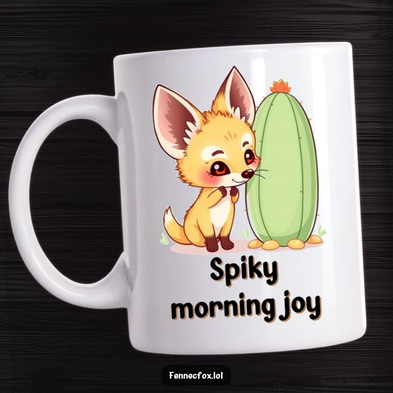 Funny fennec fox mug showing a happy character curiously sniffing a large, whimsical cactus, embodying desert charm and friendliness.