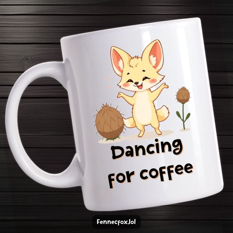 Funny Fennec Fox Mug showing a happy fox with huge ears doing a silly dance with a tumbleweed in the desert.