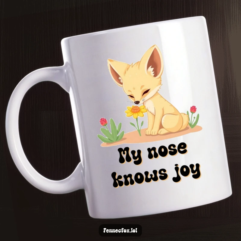 Funny Fennec Fox Mug: A cute desert fox curiously sniffing a small, vibrant flower, capturing a moment of pure wonder.