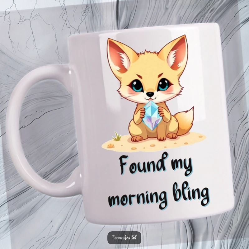 Funny Fennec Fox Mug: A cheerful fennec fox proudly displays a dazzling, shimmering gemstone unearthed from the desert sand.