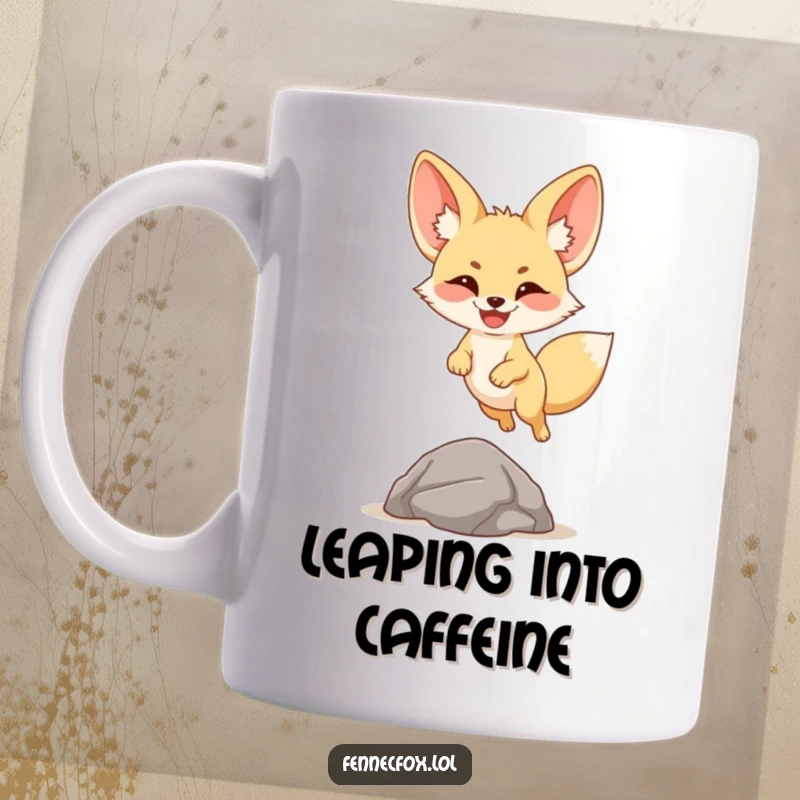 Funny fennec fox mug featuring a cartoon desert fox with a huge smile joyfully leaping over a small, depicted rock.