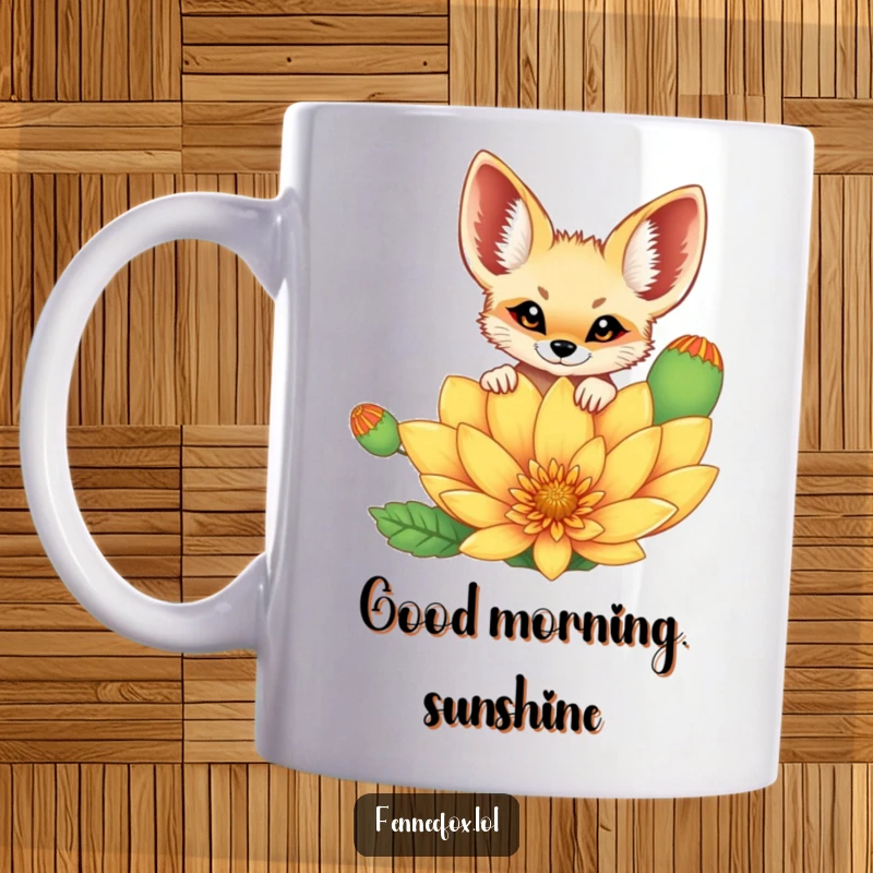 Funny cheerful fennec fox peeking curiously over a vibrant, oversized desert flower. A cute and humorous mug design for gifting.