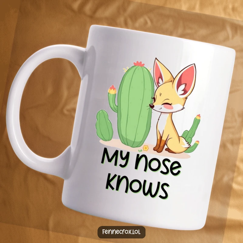 Funny curious fennec fox sniffing a large, whimsical cactus with a happy expression. A humorous and charming mug design for gifting.