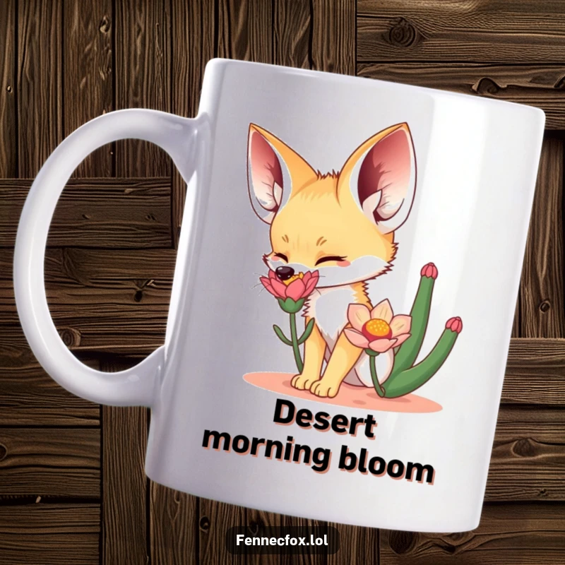 Funny Mug featuring a cute fennec fox with large ears, excitedly sniffing a vibrant desert flower, showcasing curiosity and desert charm.