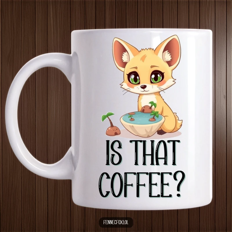 Funny surprised fennec fox with wide eyes observing a tiny, floating oasis in the desert. A humorous and magical mug design.